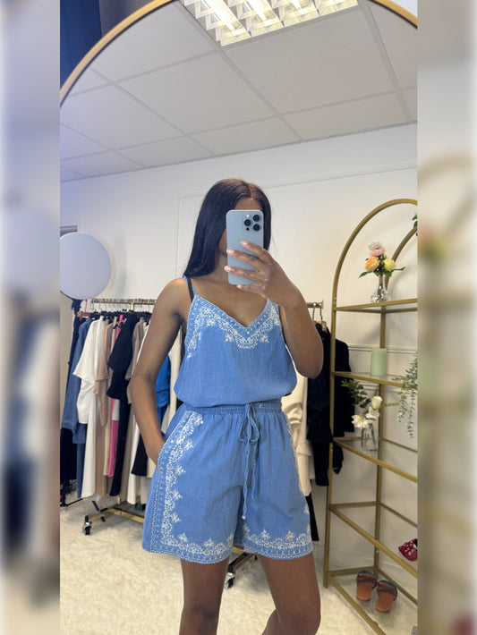 Ensemble court en jean à broderies - P3