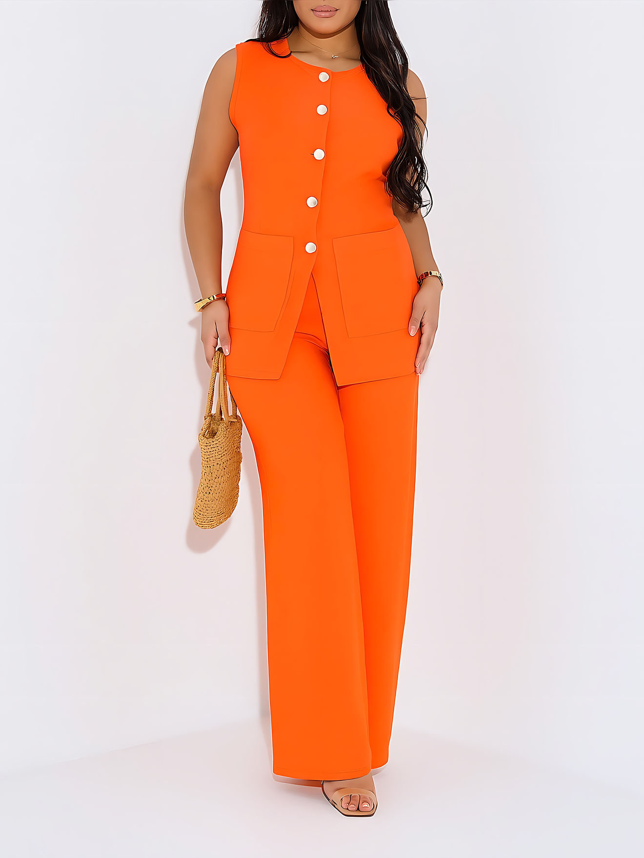 Ensemble MOUNA pantalon et blouse sans manches à boutons dorés - P1